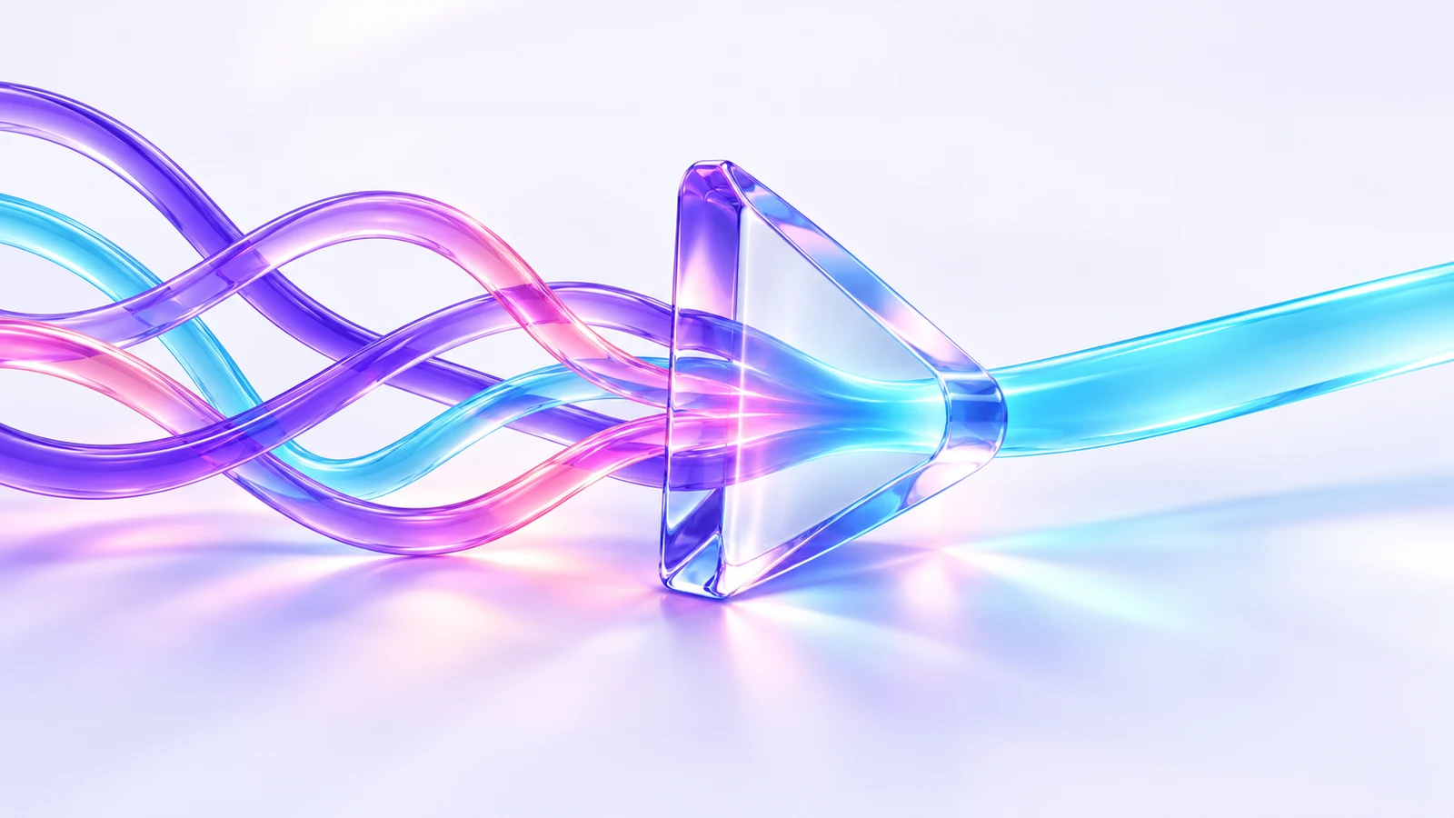 Violet, rose, and cyan strands passing through a glass prism and becoming one clear path.